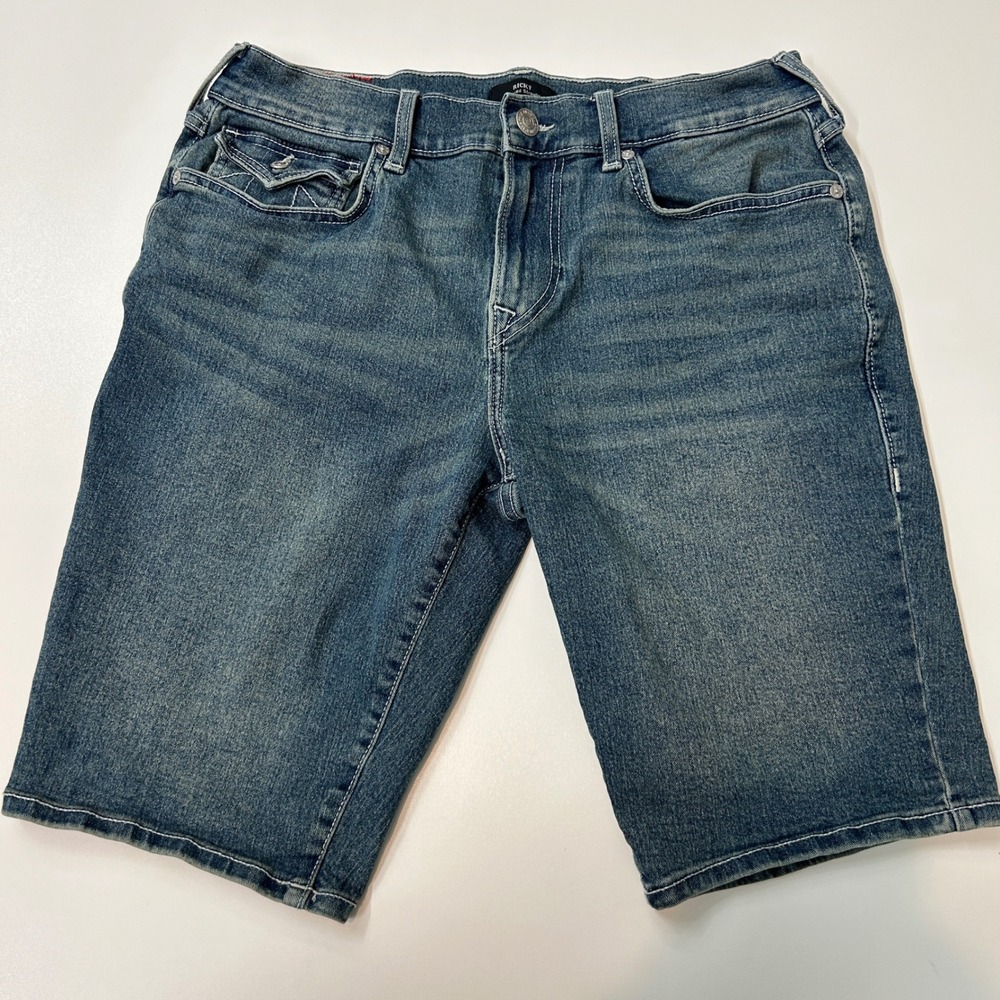 True Religion Ricky Relaxed Straight Denim Shorts Mens 32 Blue Jean Flap Pocket